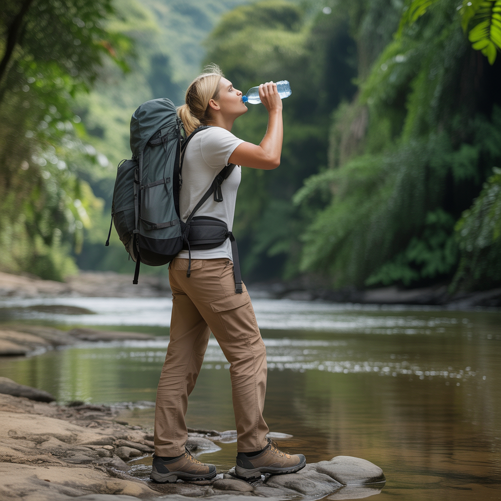 Hiker drinking from a water bottle on a day hike showing hydration options for choosing the right hiking backpack