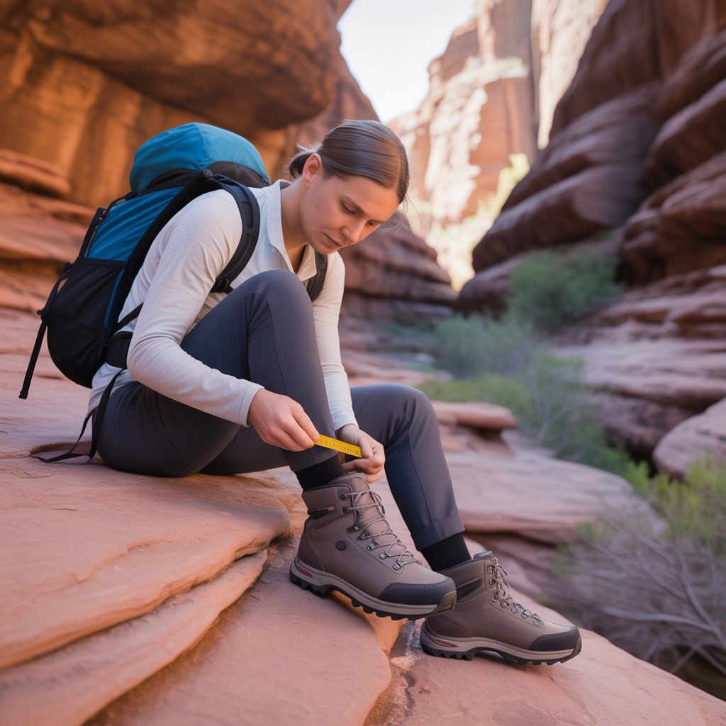 Hiker checking if hiking boots for wide feet fit correctly on a canyon trail