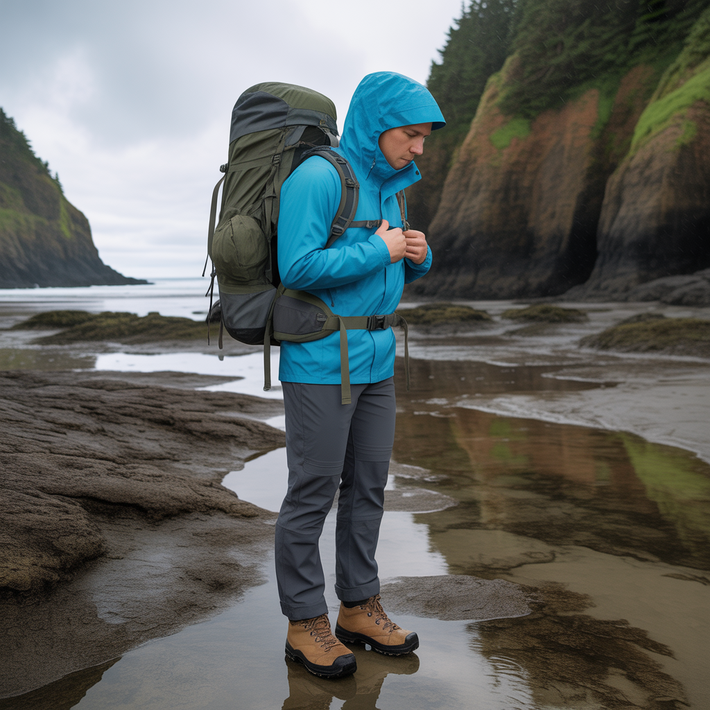 Hiker adjusting rain layers on Oregon coast trail showing what to wear hiking in the rain