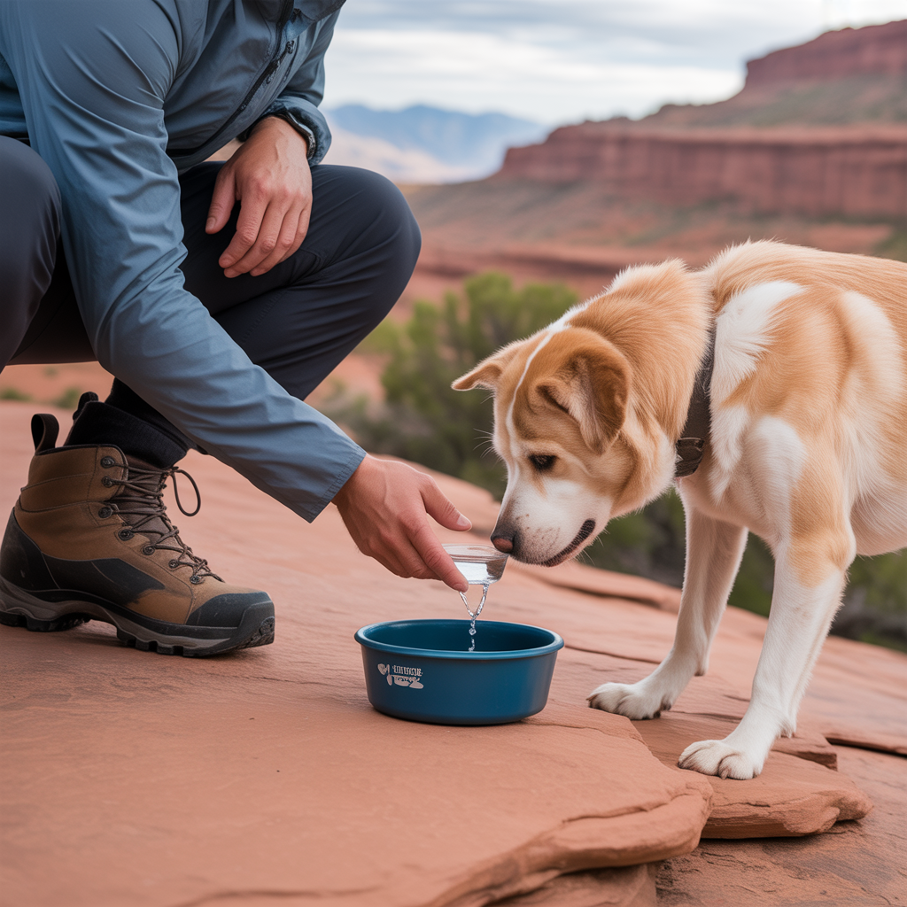 hiker giving water to dog on trail during a hike with your dog in the desert