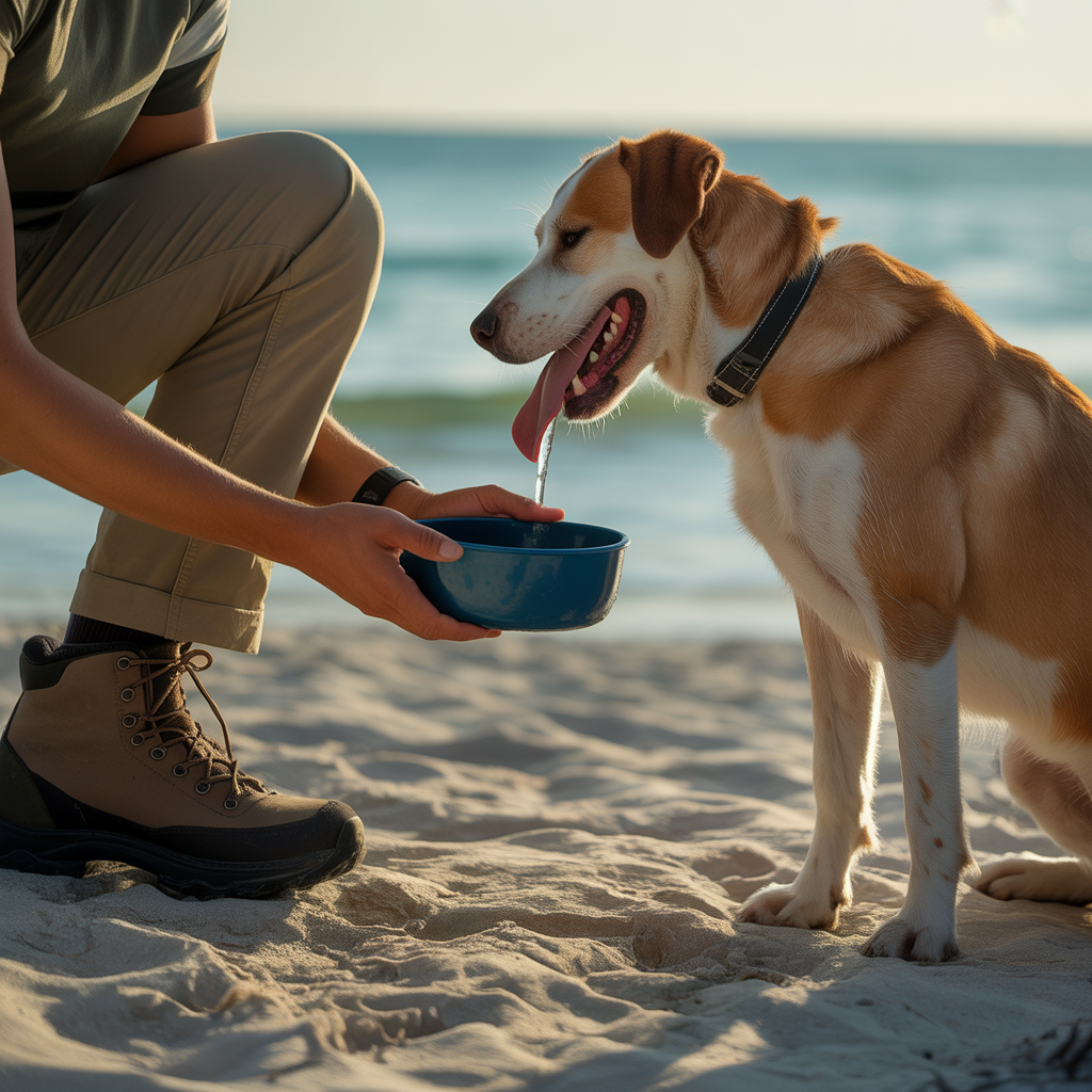 Hiker giving water to their dog on a Gulf Coast trail while learning how to hike with your dog in warm weather