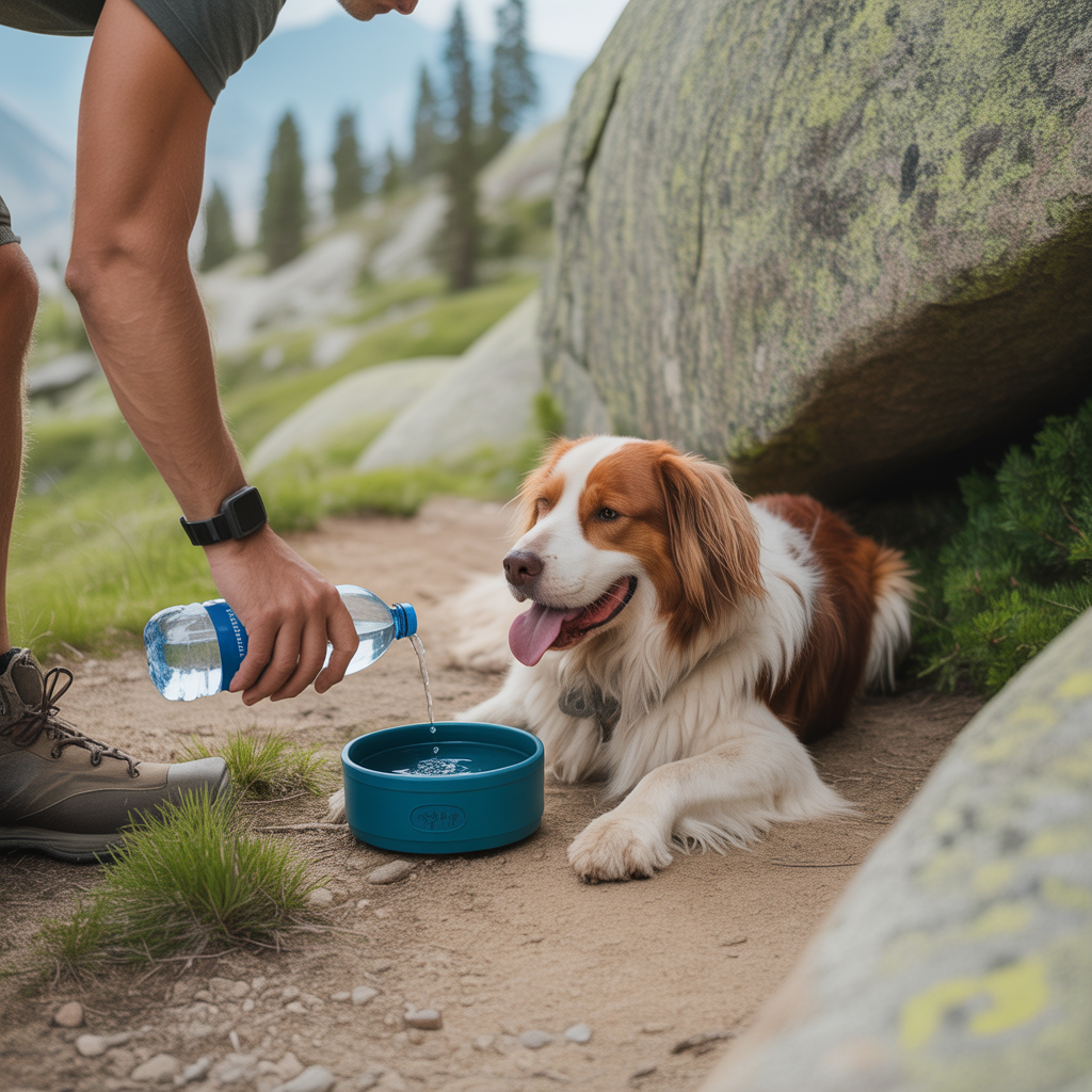 dog owner hydrating their dog on a hot summer hike to prevent overheating