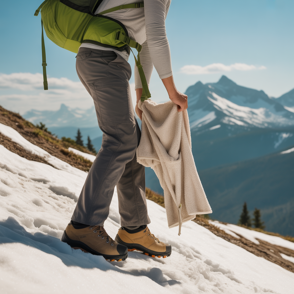 Hiker adjusting layers before a climb to manage warmth during cold weather hiking