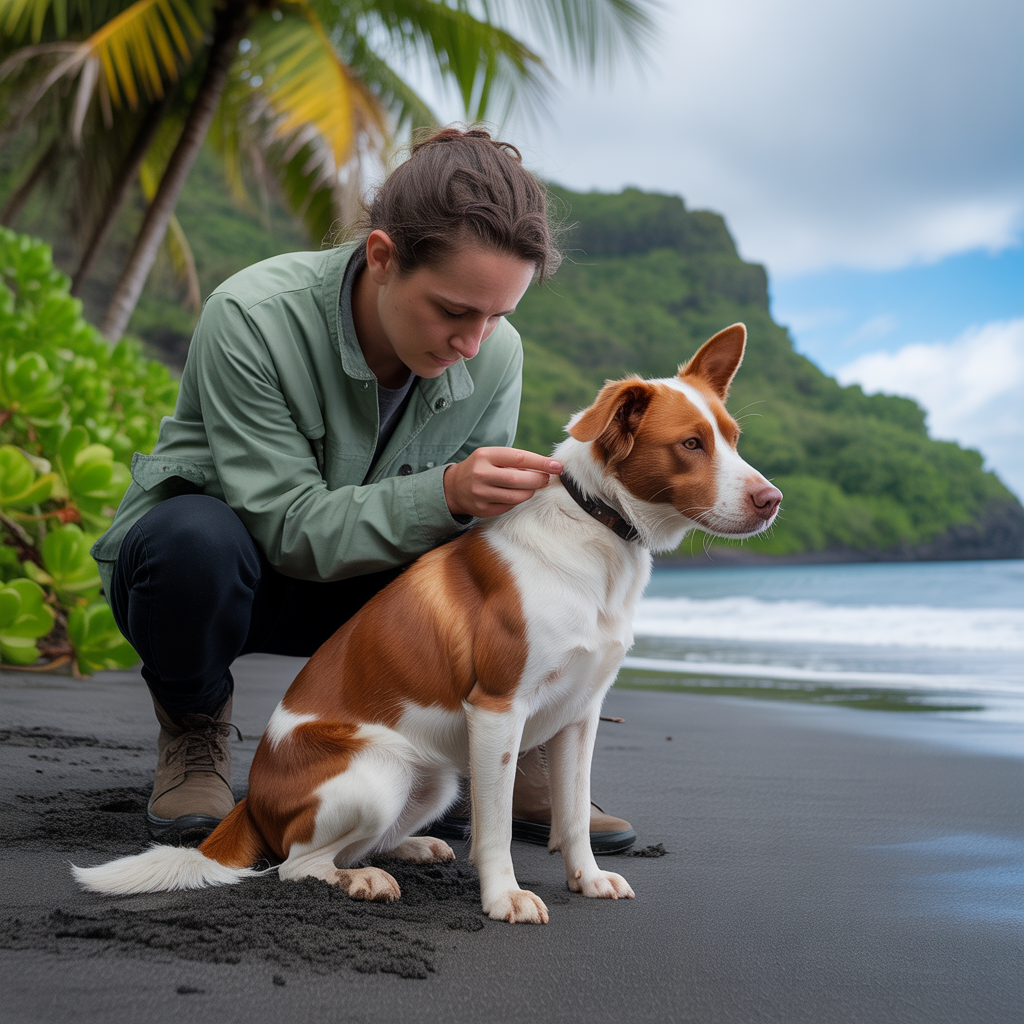 hiker doing a post-hike tick inspection on their dog near a tropical Hawaiian beach