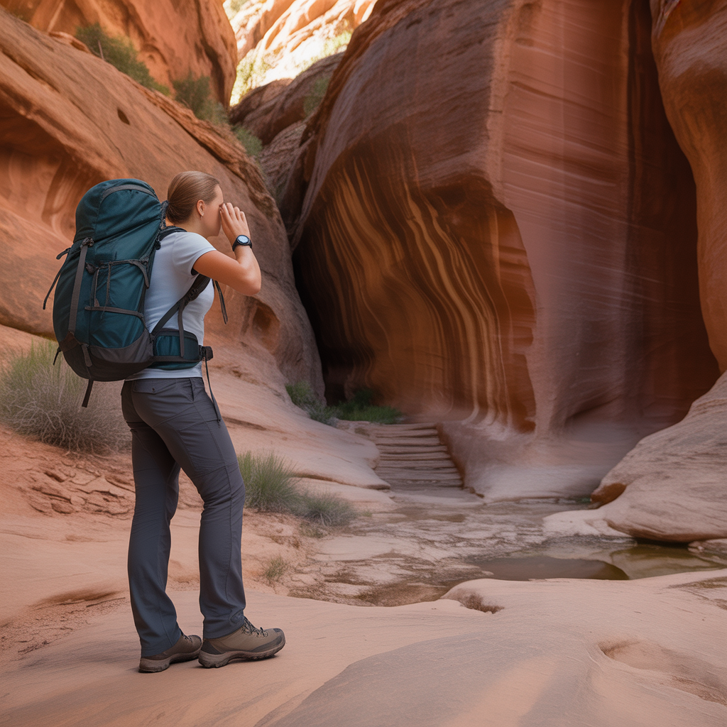 Hiker checking GPS watch at a trail junction in a Utah canyon while navigating with map and GPS together
