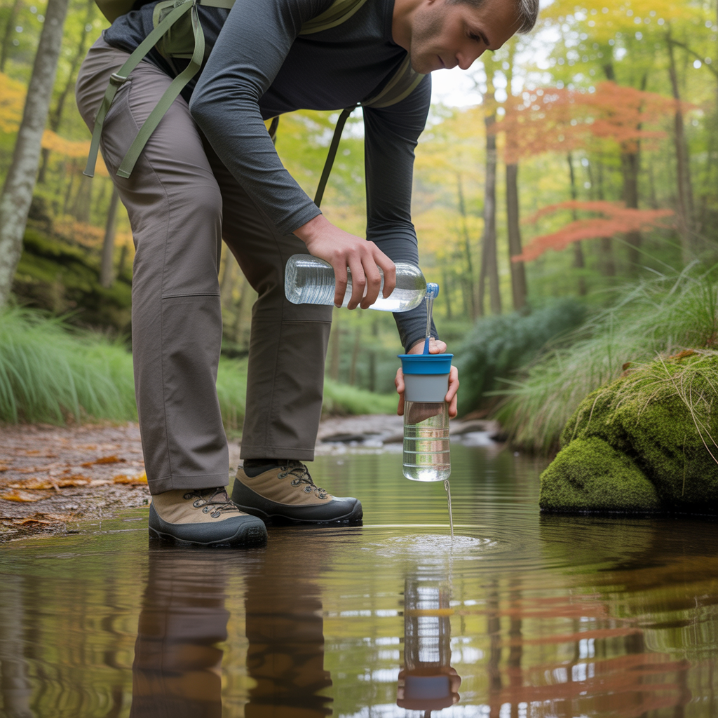 Hiker using a portable water filter to stay hydrated on a long hike near a forest stream