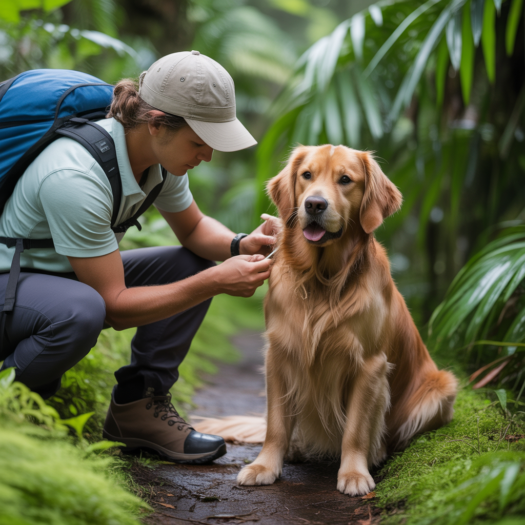 Hiker removing a tick from a dog on a lush Hawaii hiking trail