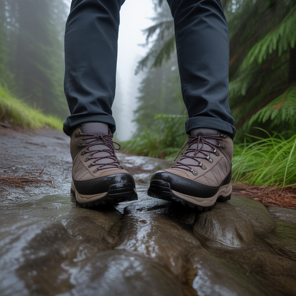 Close view of hiking boot toe box fit on a wet forest trail comparing wide toe box vs wide width hiking boots