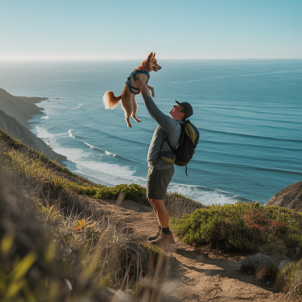 Hiker using the top handle of a dog hiking harness to help their dog over rocks on a coastal trail