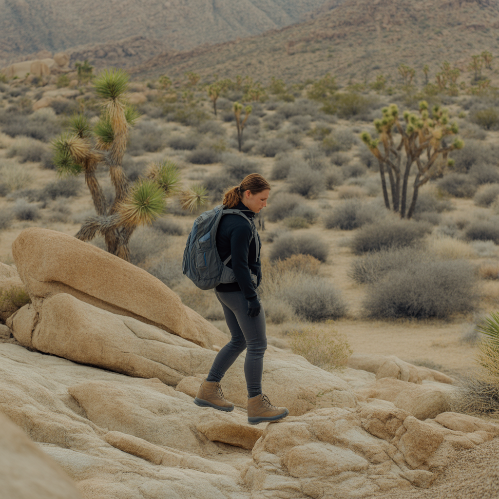 Hiker wearing hiking boots on rugged Mojave Desert terrain showing when boots offer an advantage over trail runners
