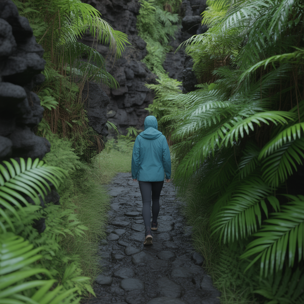 Hiker in a properly fitted rain jacket on a Hawaii hiking trail, demonstrating rain jacket fit for hiking