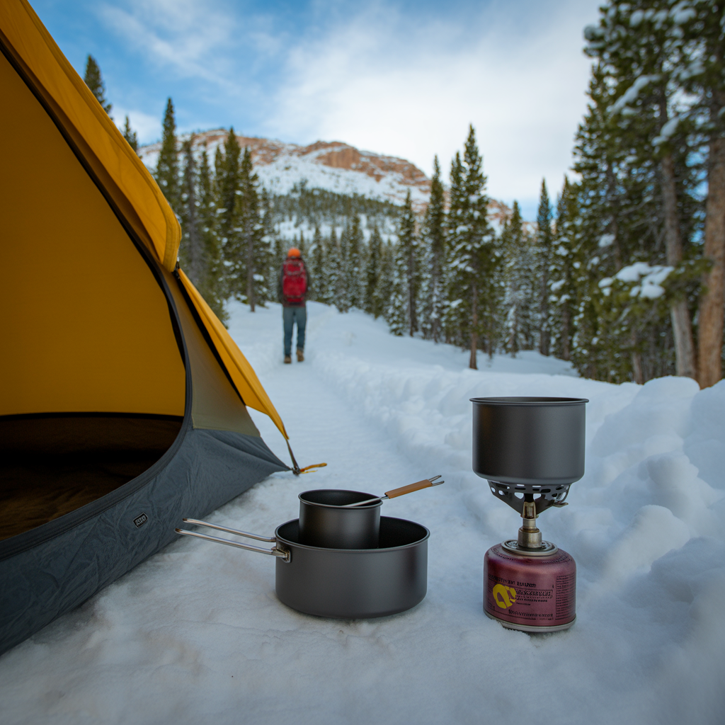 Trail cooking setup outside a tent in a snowy forest showing how to cook on the trail safely