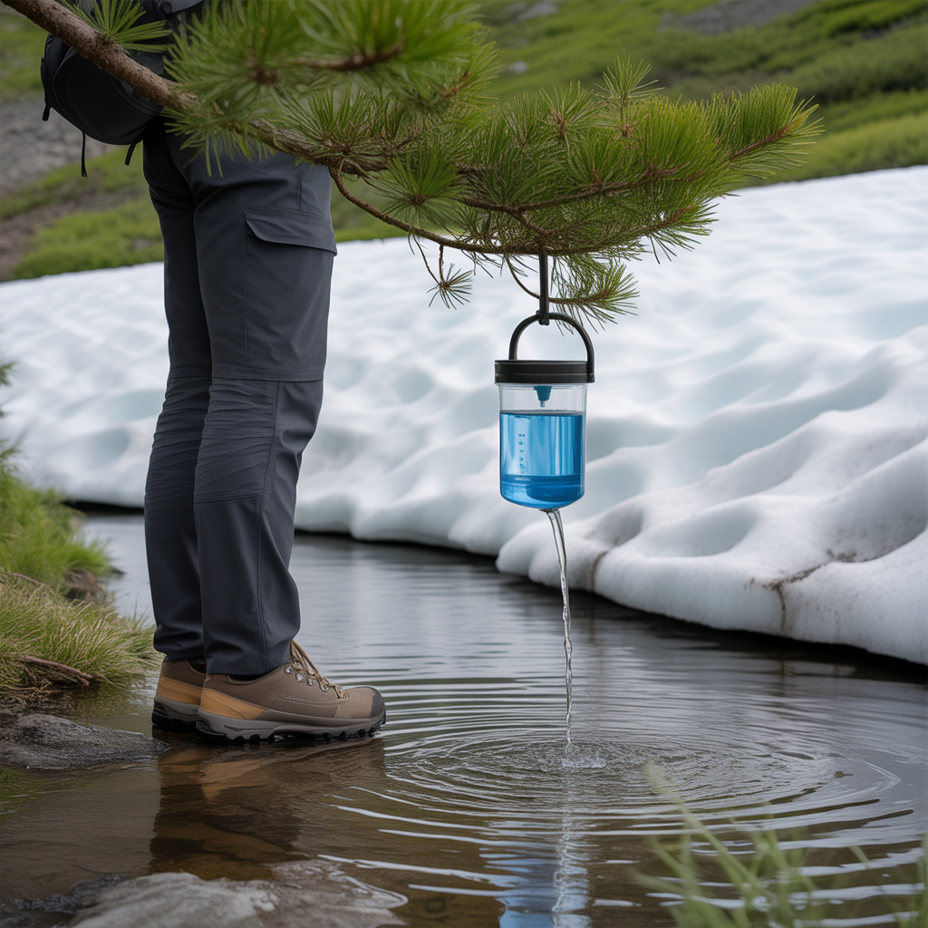 Backpacker setting up gravity water filter system on a backcountry hike in the Washington Cascades