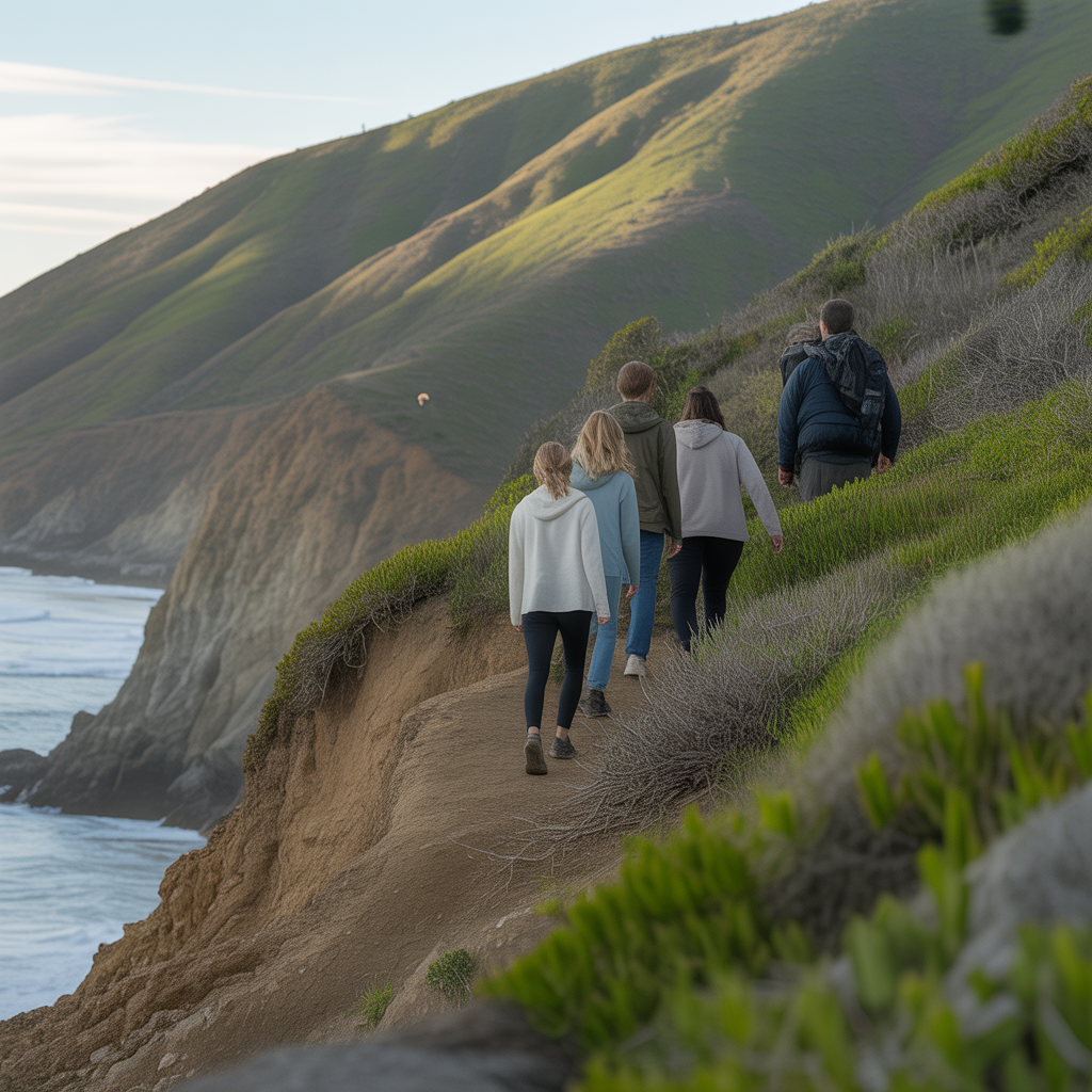 Group of hikers moving together on a coastal trail maintaining safe distance during a bear encounter on the trail