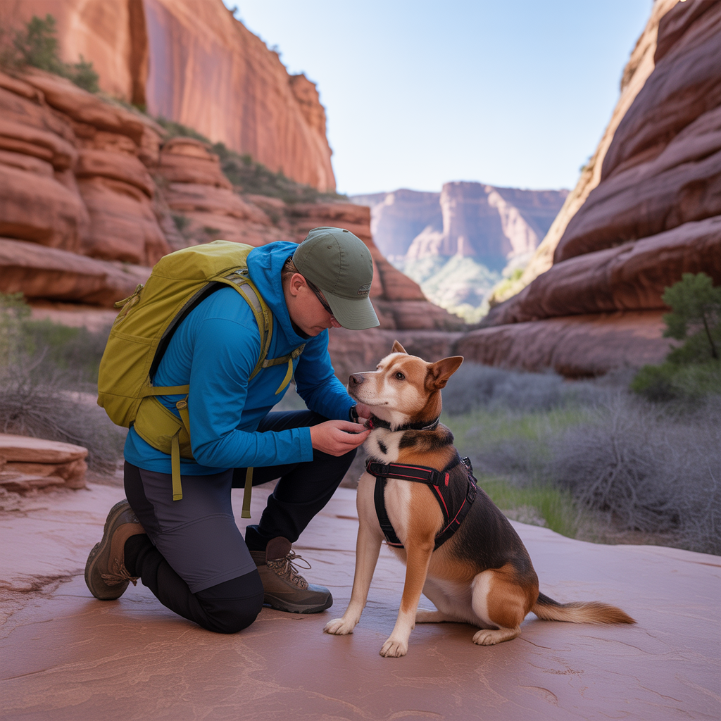 hiker fitting a dog harness before a hands-free hike in a red rock canyon