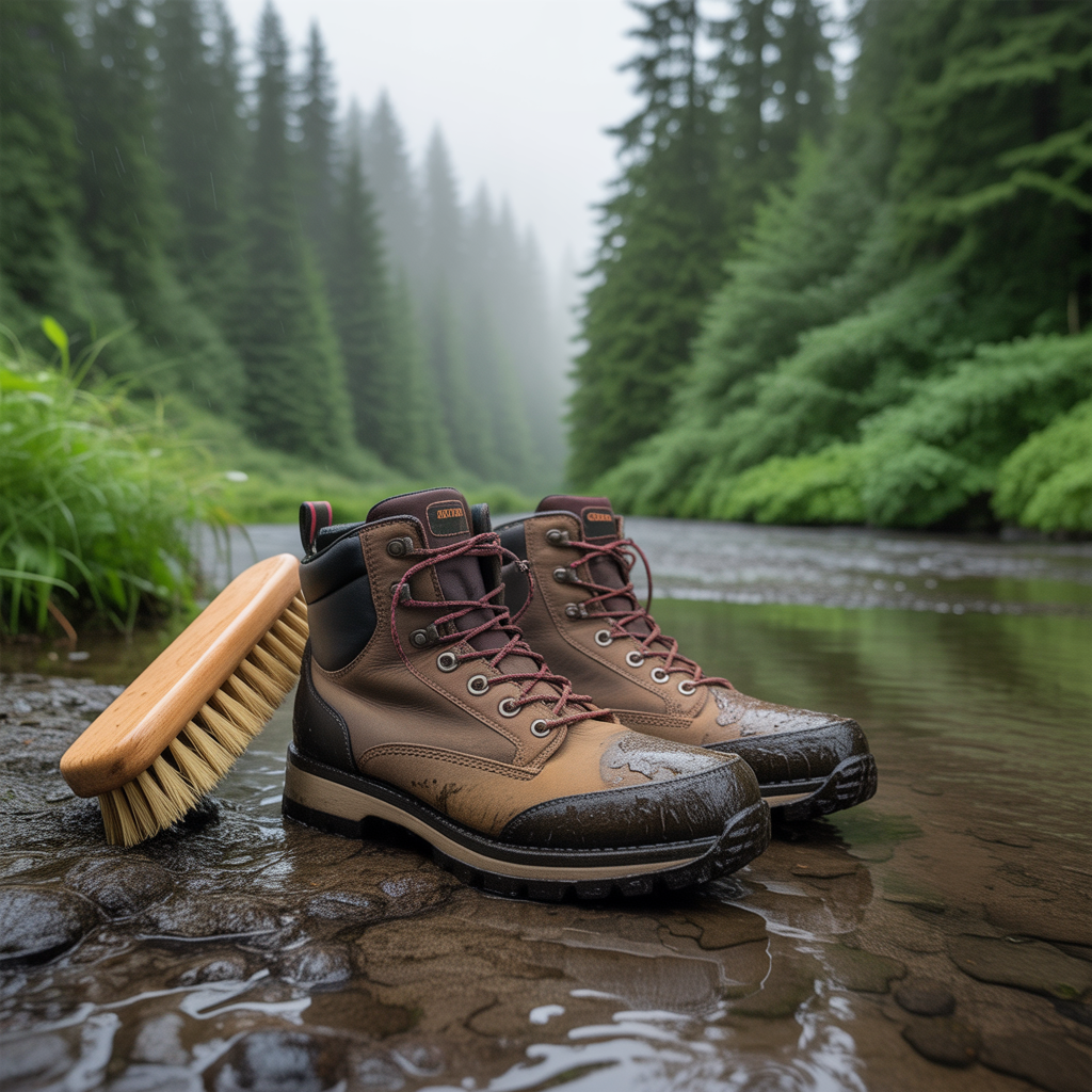 Cleaning muddy hiking boots after a wet trail hike in a Pacific Northwest forest