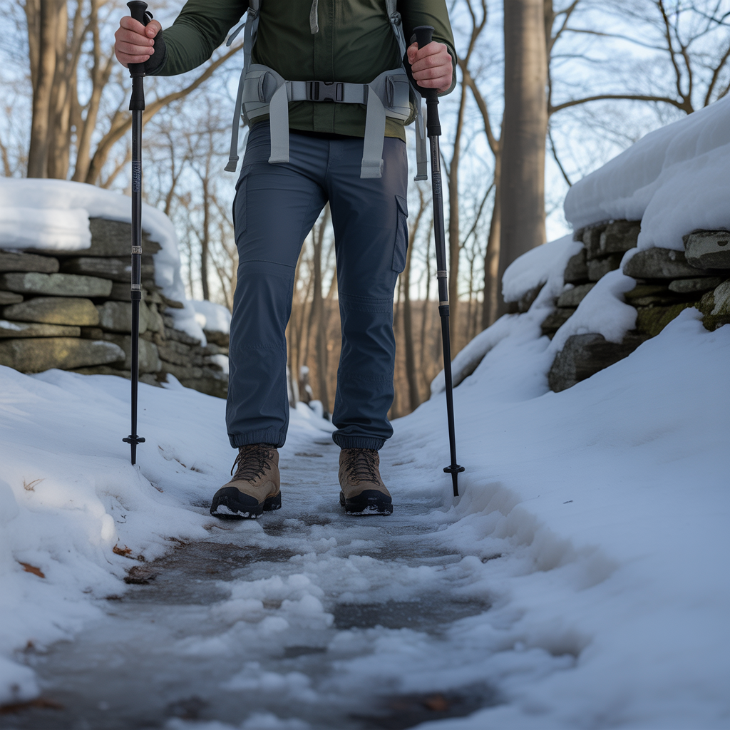 Hiker using trekking poles on an icy snowy trail while learning how to hike in snow for the first time