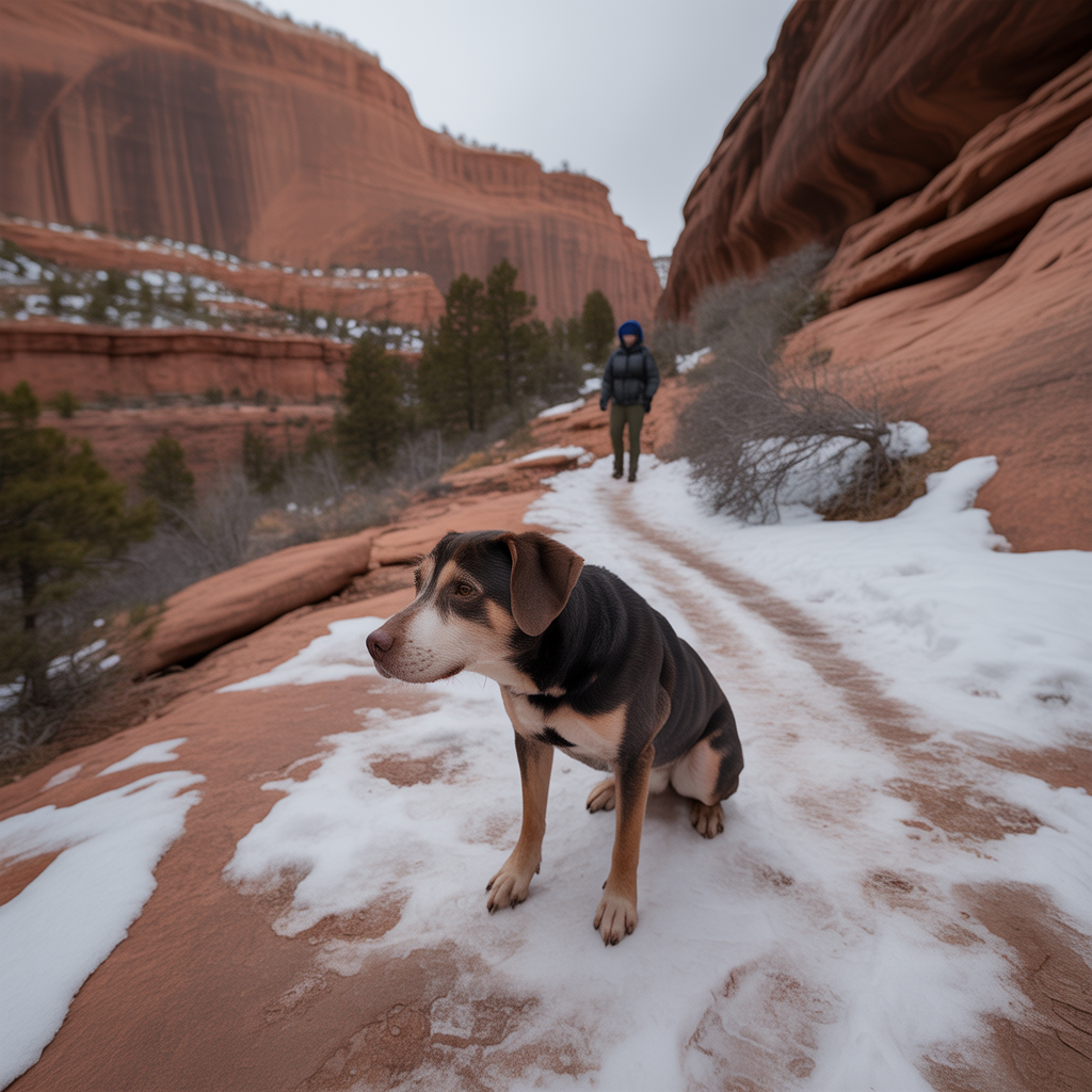 dog pausing on cold snowy canyon trail showing signs of being too cold while hiking with a dog in cold weather