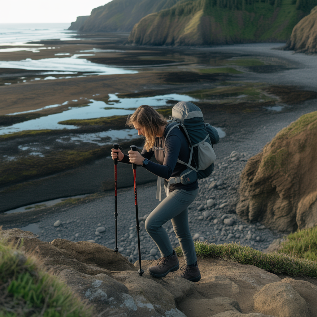 Hiker using trekking poles on Oregon coastal trail to reduce plantar fasciitis heel pain while hiking