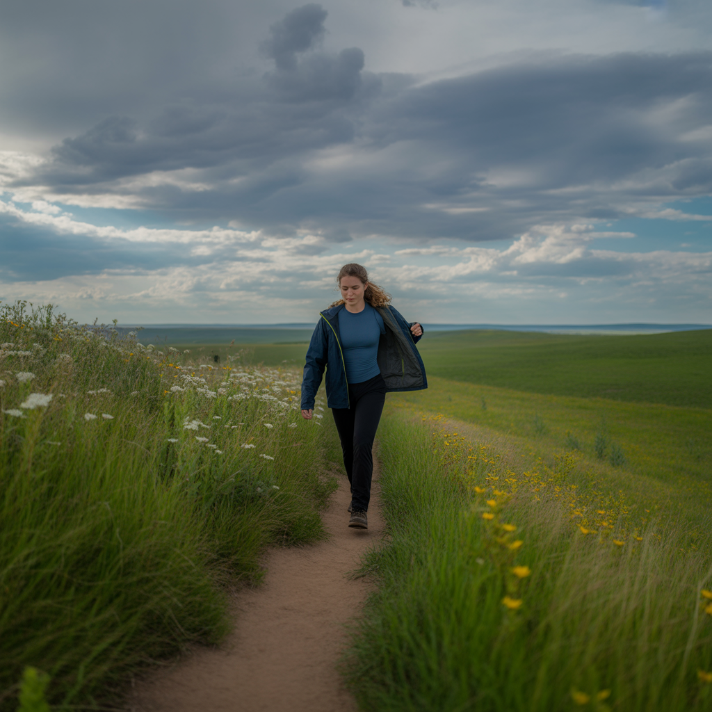 Hiker dressed in breathable layers on a South Dakota prairie trail to avoid overheating while hiking