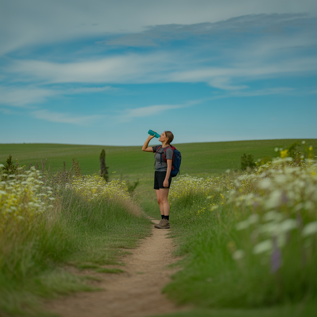 Hiker staying hydrated with a water bottle during a light day hike on a South Dakota prairie trail