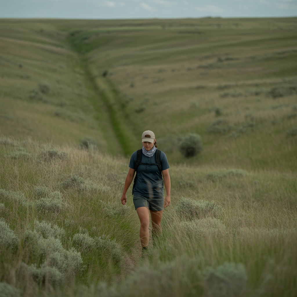 Hiker wearing a baseball cap and neck gaiter for sun protection on a Kansas prairie trail