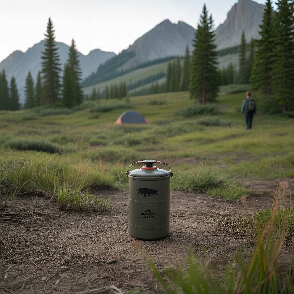 Bear canister placed at proper distance from tent as part of safe food storage in bear country