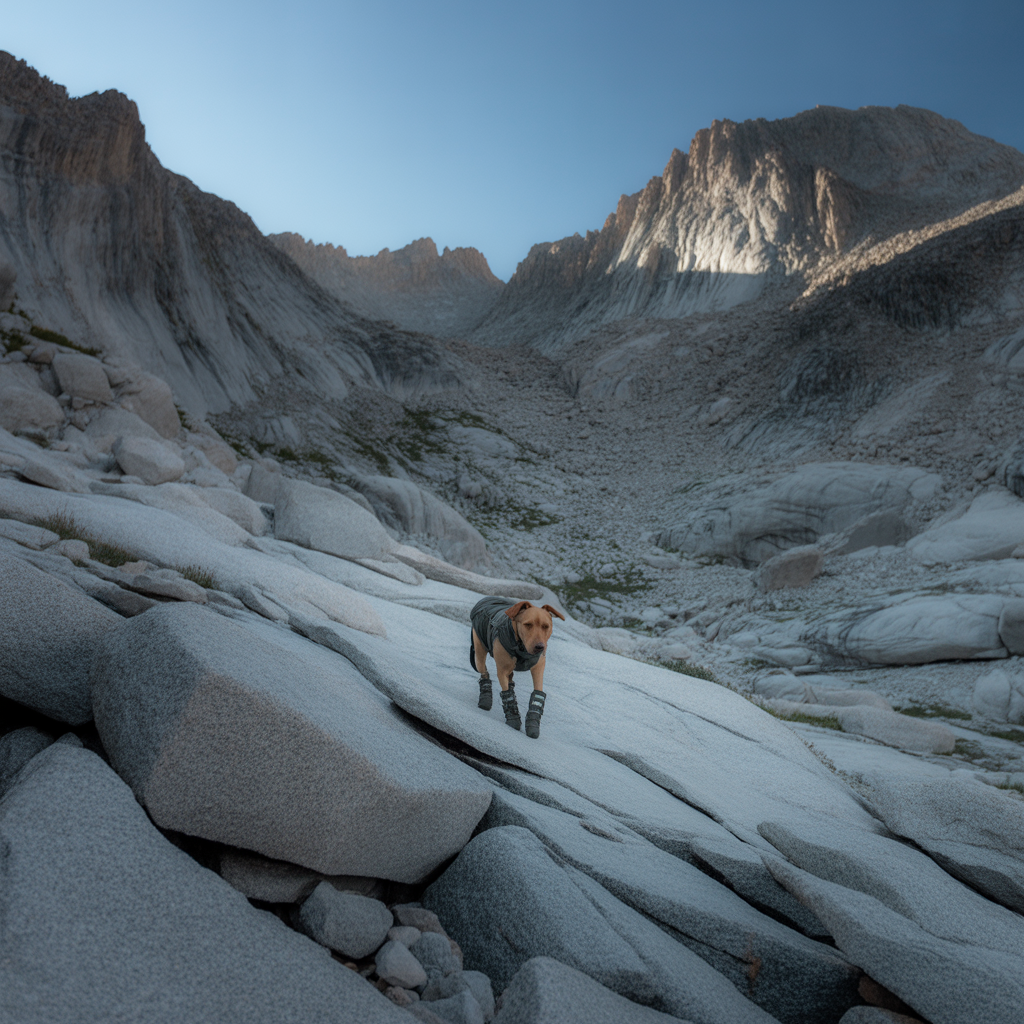 Dog wearing hiking boots on rocky granite trail showing how dog boots help protect paws on rocky trails