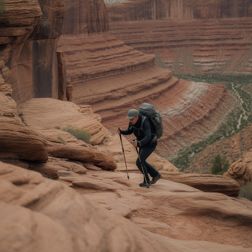 Hiker with trekking poles and backpack on Utah canyon trail during backpacking trip transition from day hiking