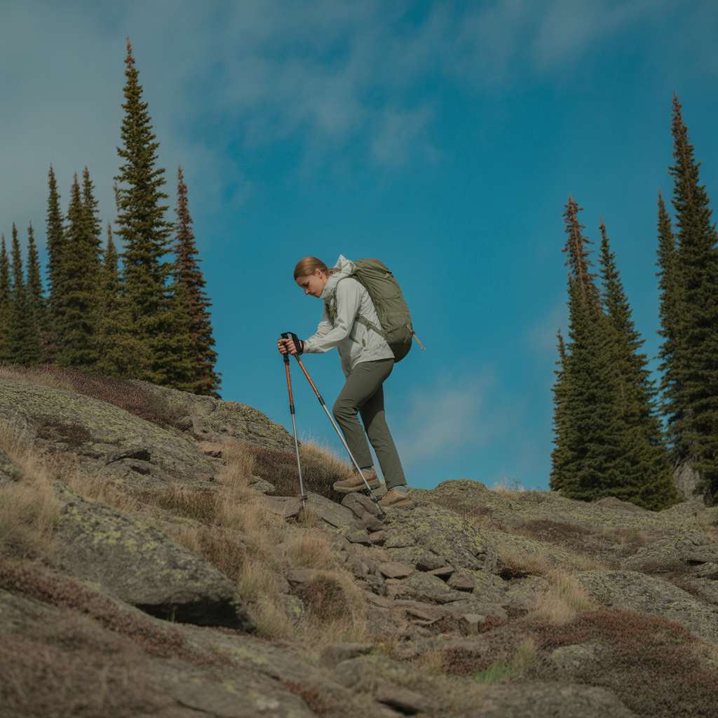 hiker planting trekking poles correctly on a rocky downhill trail in the Rocky Mountains