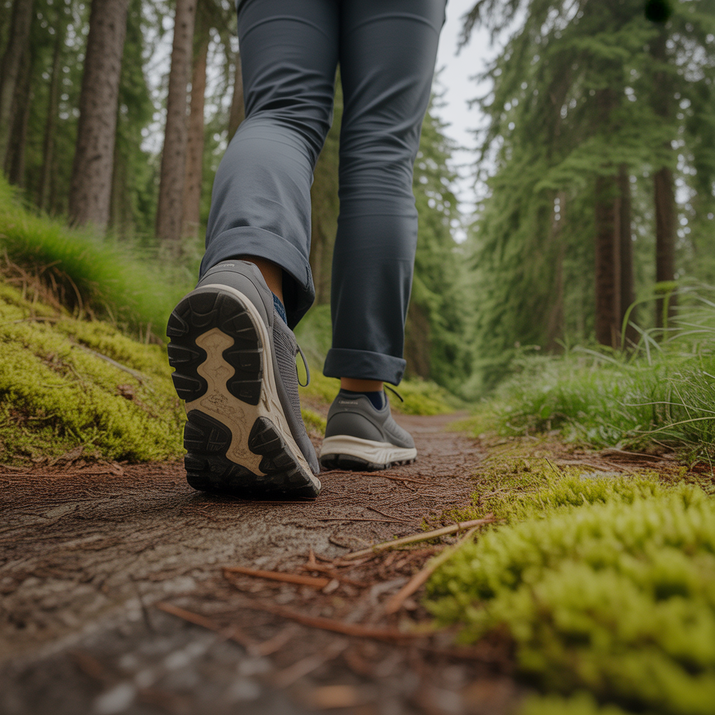Trail runner footwear on a Pacific Northwest hiking path illustrating summer heat hiking shoe choices