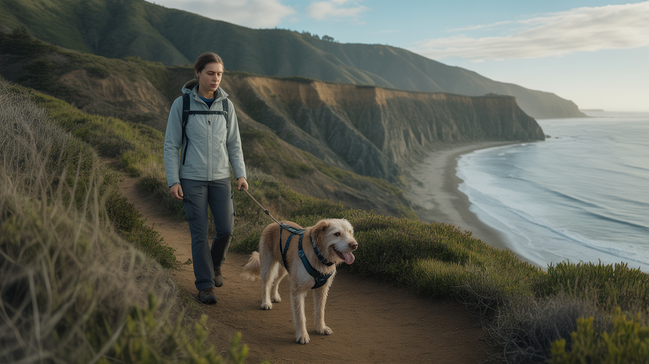 Hiker and dog wearing a hiking harness walking a coastal trail in California, demonstrating how to choose a dog harness for hiking
