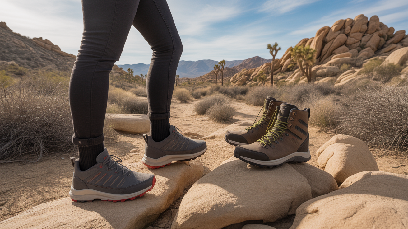 Hiker on a rocky Mojave Desert trail considering how to choose between trail runners and hiking boots