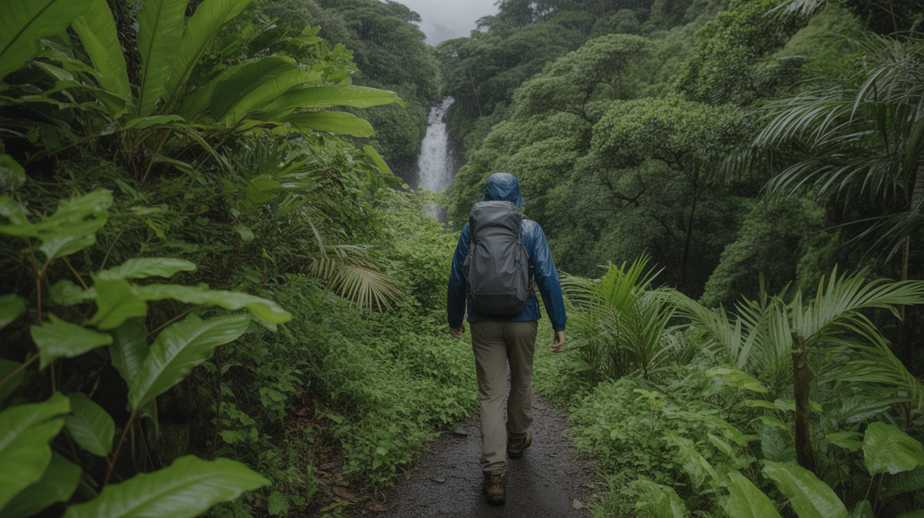 Hiker wearing a rain jacket on a lush green Hawaii rainforest trail, illustrating how to choose the right rain jacket for hiking