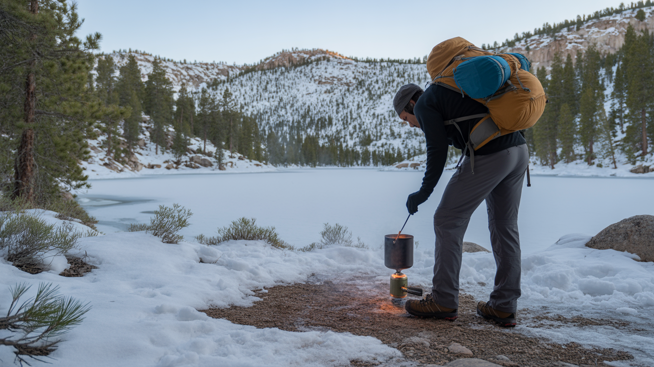 Beginner hiker cooking on the trail at a snowy Colorado campsite using a portable stove