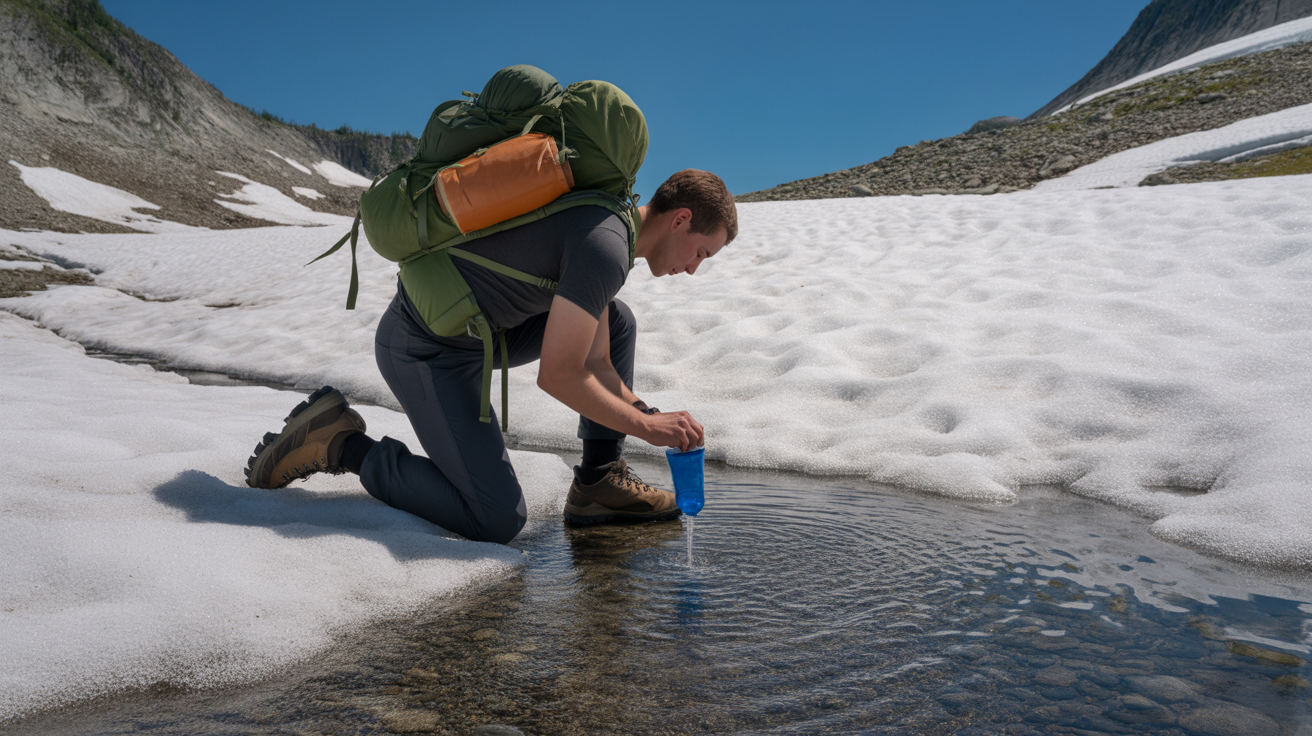 Backpacker learning how to filter water on a backcountry hike at an alpine stream in the Washington Cascades