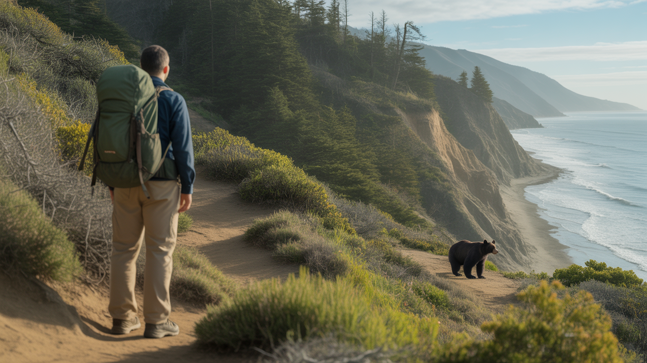 Hiker standing still on a coastal trail demonstrating how to handle a bear encounter on the trail