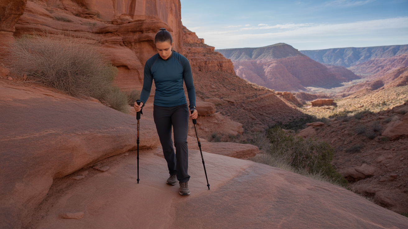 Hiker using trekking poles to hike efficiently uphill on a steep red rock canyon trail in the Desert Southwest
