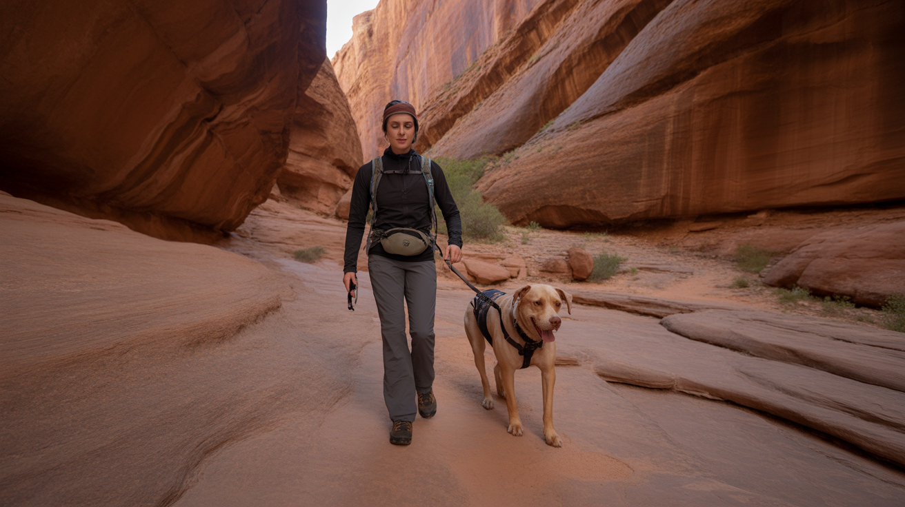 hiker demonstrating how to hike hands-free with a dog through a red rock canyon trail