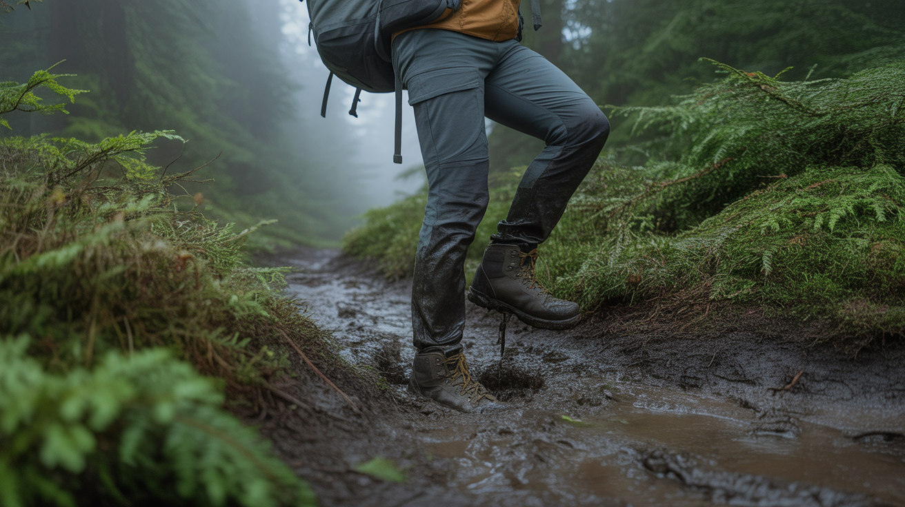 Hiker learning how to hike in mud without destroying your boots on a mossy Pacific Northwest forest trail