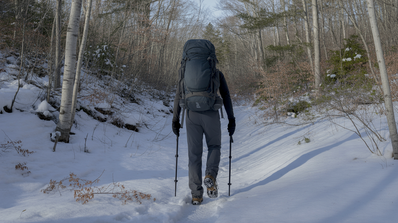 Hiker learning how to hike in snow for the first time on a snowy New England forest trail