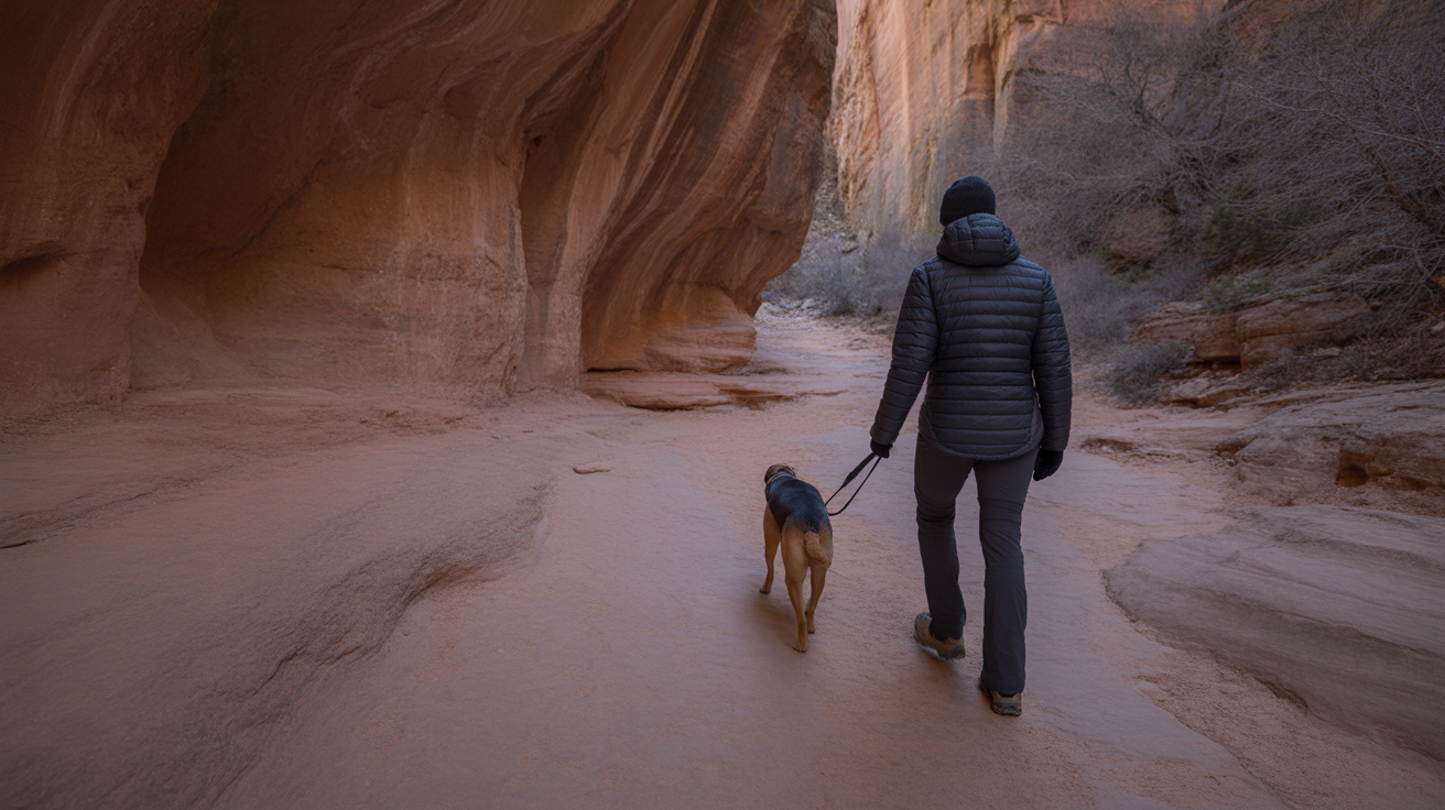 hiker and dog walking together in a cold weather canyon trail demonstrating how to hike with a dog in cold weather