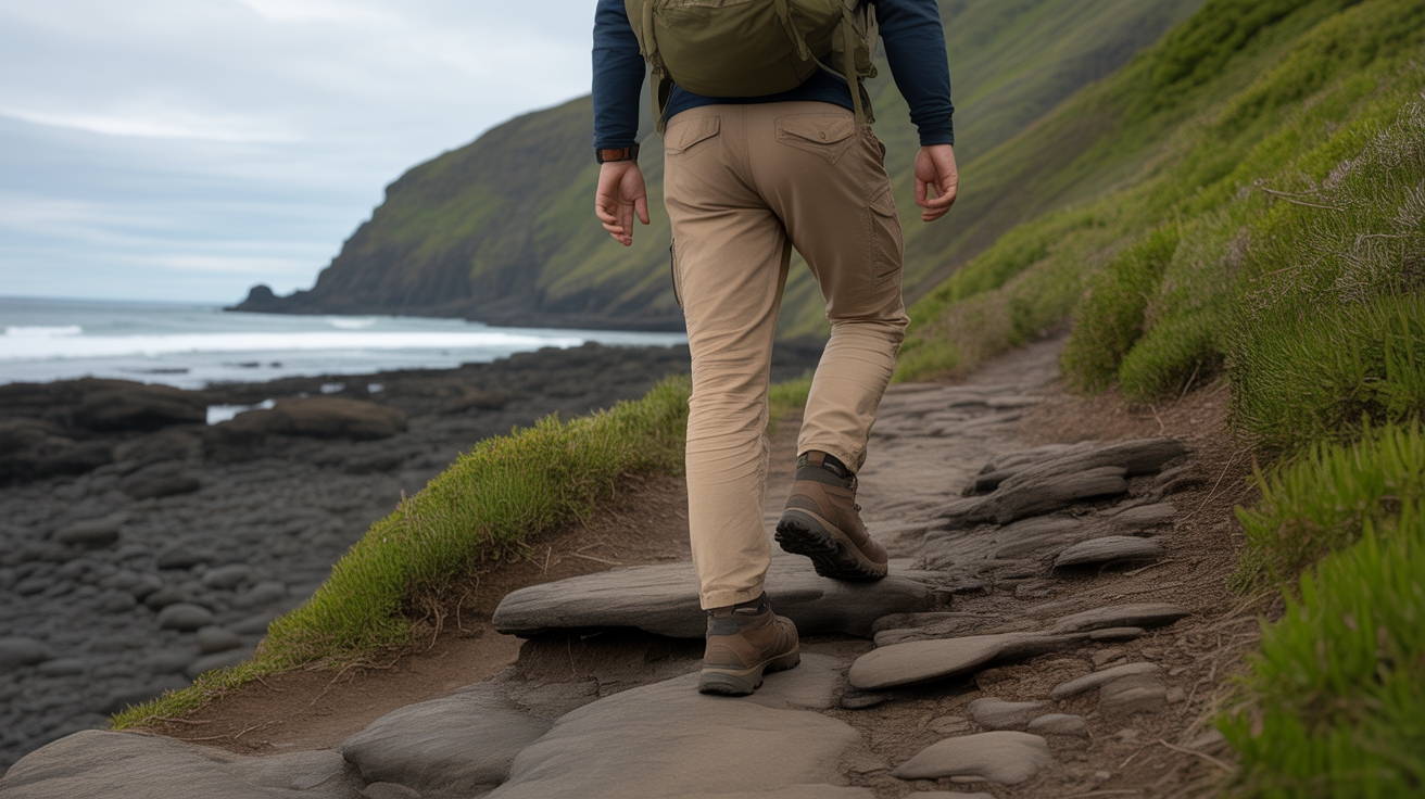 Hiker managing plantar fasciitis on a rocky coastal trail, demonstrating how to hike with plantar fasciitis without making it worse
