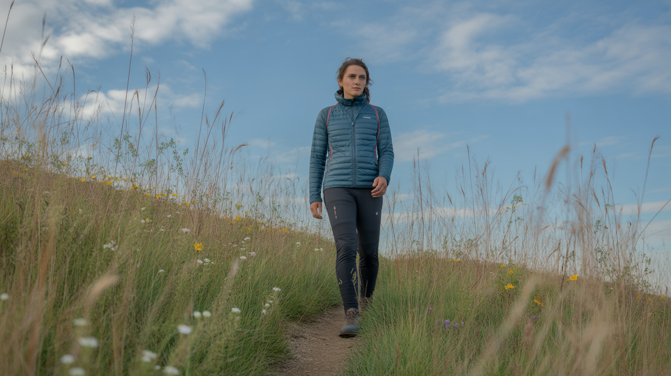 Hiker managing layers on a prairie trail to keep warm without overheating on a hike