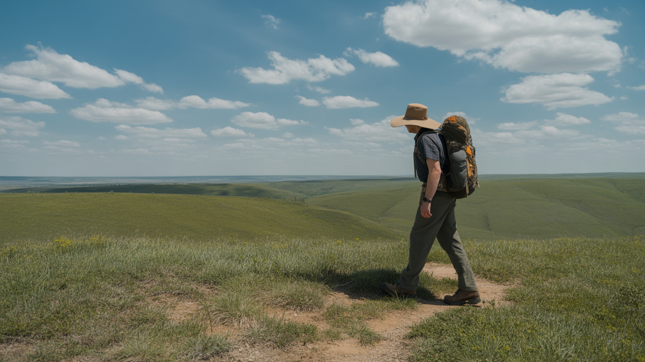 Hiker wearing a wide-brim hat for sun protection on an exposed grassland trail in Kansas
