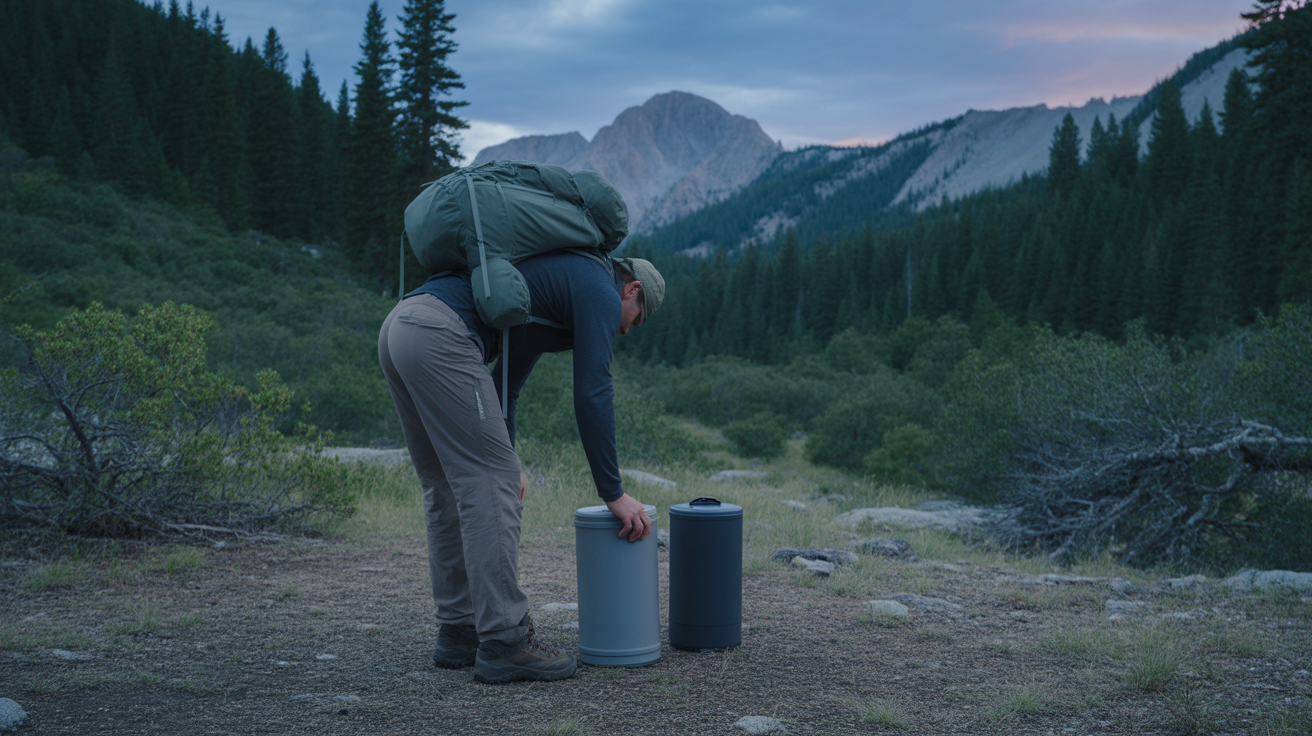 Backpacker storing food safely in bear country by placing a bear canister at a campsite in forested mountain terrain