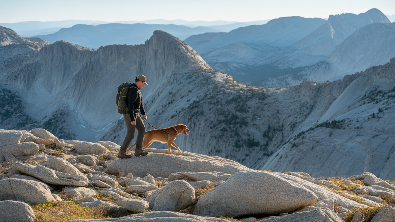 Hiker and dog walking together on rocky granite trail demonstrating how to take care of your dog's paws on rocky trails