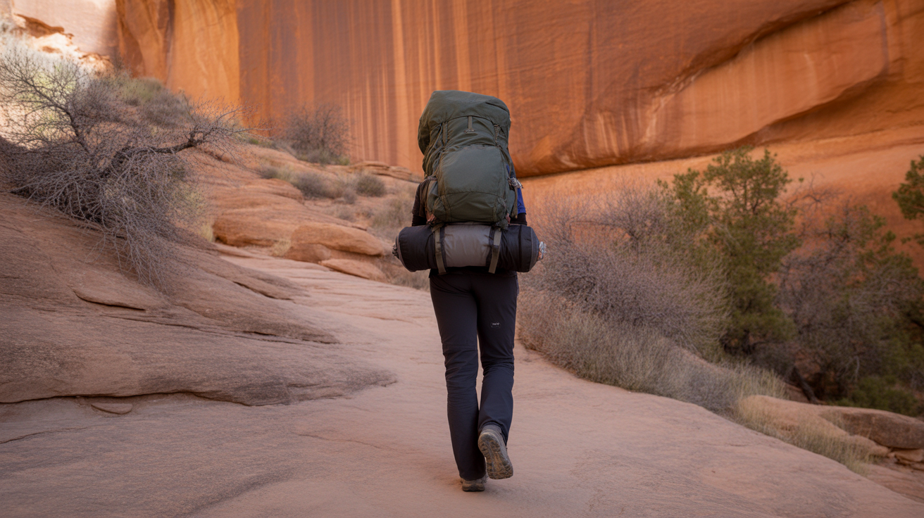 Hiker with backpacking pack on a Utah canyon trail showing how to transition from day hiking to backpacking