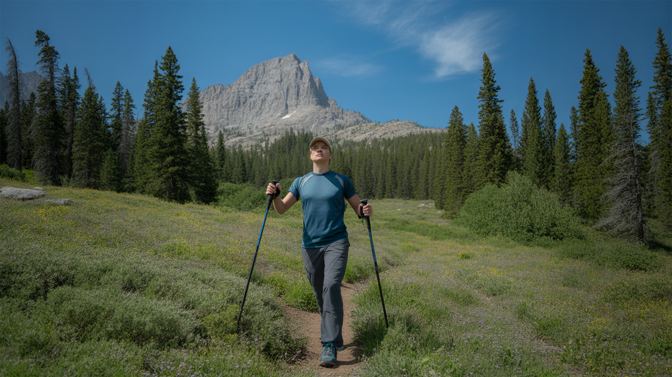 hiker demonstrating how to use trekking poles correctly on a Rocky Mountain meadow trail