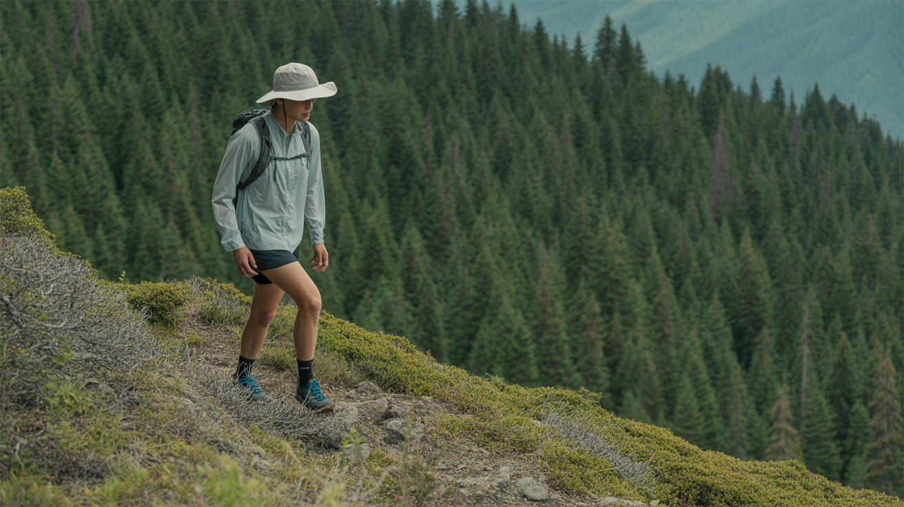 Hiker wearing sun-protective clothing on an exposed ridge trail demonstrating what to wear hiking in the summer heat